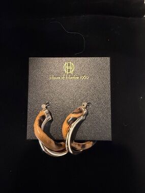 House of Harlow 1960 Silver & Brown Twisted Hoop Statement Earrings